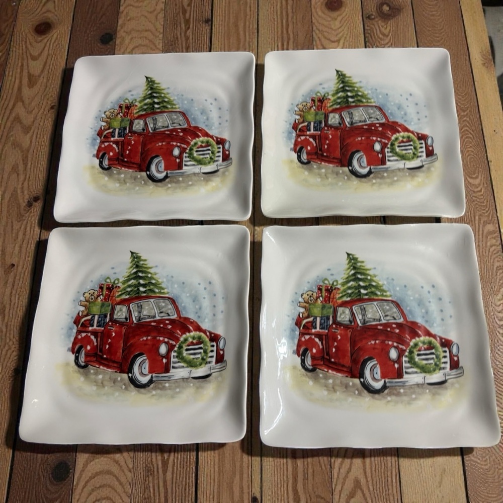 Maxcera Christmas Plates with a Red Truck and Tree Design-Set of 4